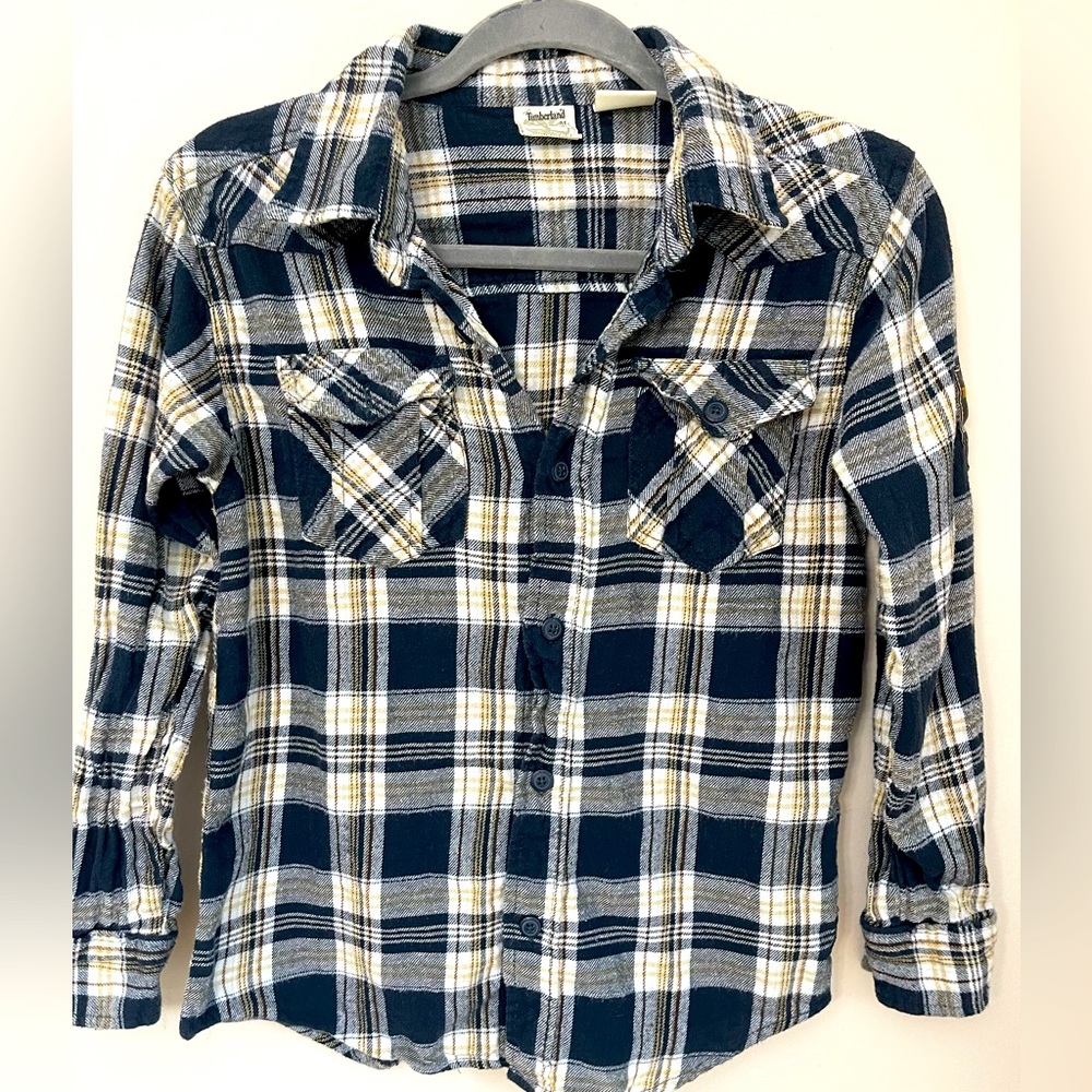 Timberland‎ Womens Navy Blue White Plaid Flannel Button Down Shirt Size M TBL-73